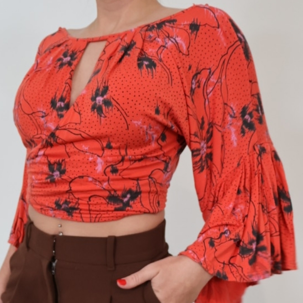 Free People Vibrant Red Floral Blouse